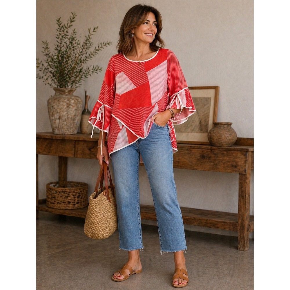 IC by Connie K Women Blouse Red Geometric Bell Sleeve Tunic Top XS